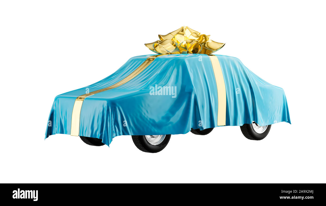 Car as big gift hidden under the blue silk cover. 3D render illustration. Stock Photo