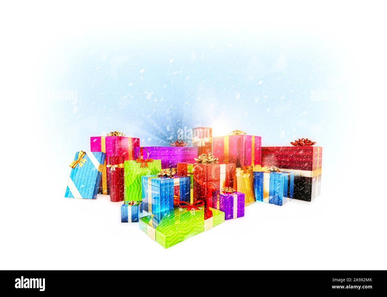 Stack of colorful gift boxes with gold bows and ribbons under the blue falling snow. 3D render illustration. Stock Photo
