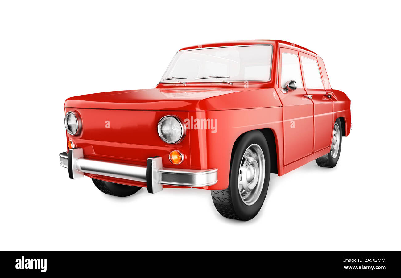 Old red car isolated on the white background. No brand vehicle. 3D render illustration. Stock Photo