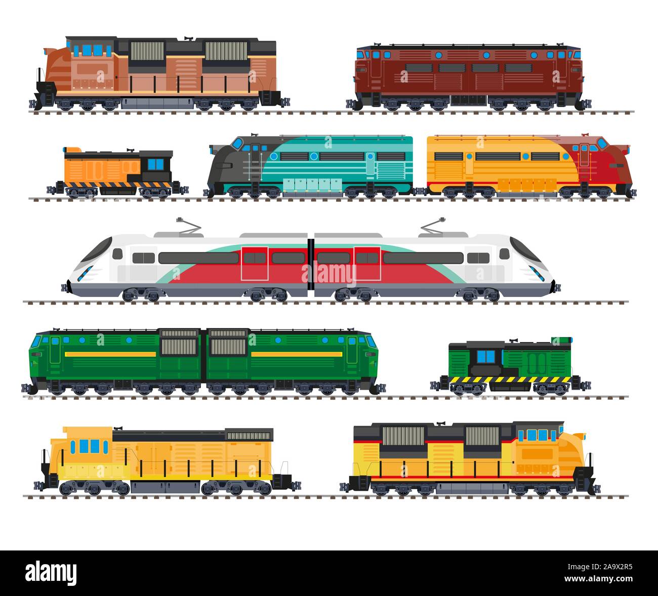 Electric and diesel locomotives, high speed train, cargo wagons isolated icons Stock Vector