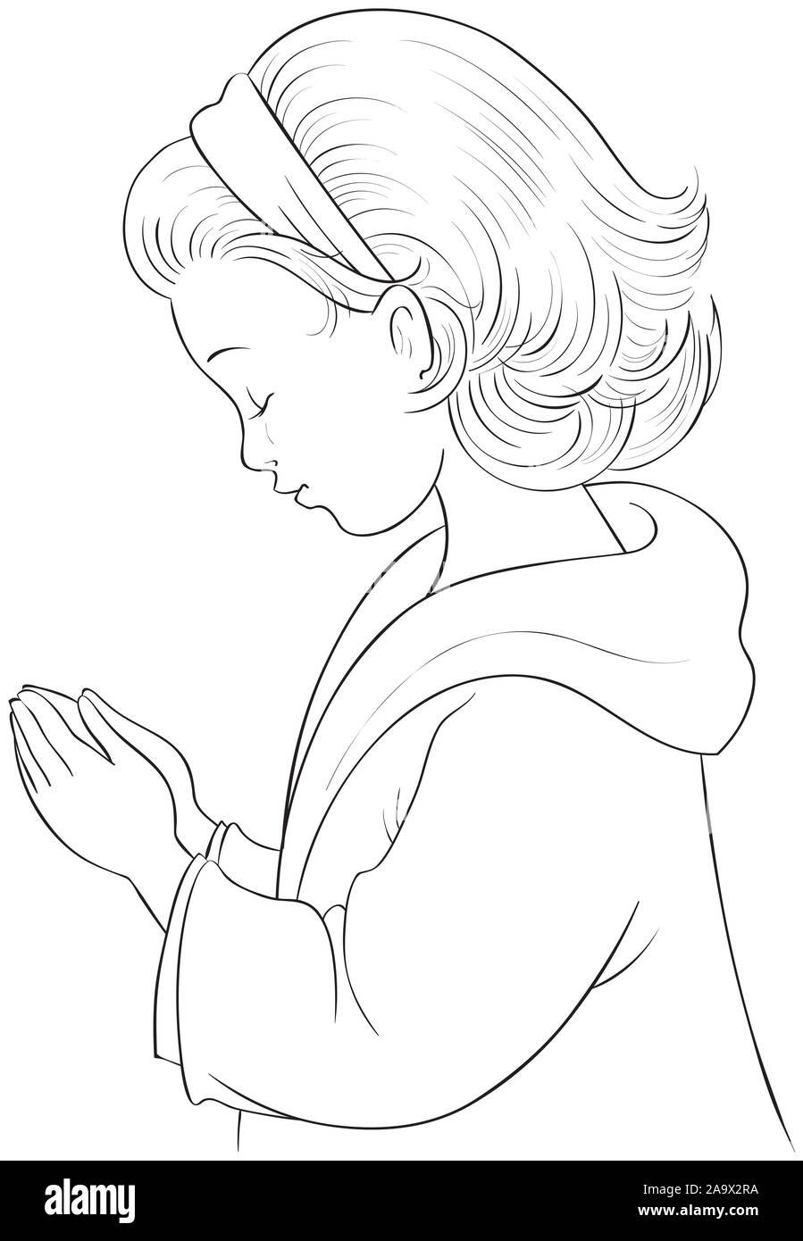Cute Cartoon Little Girl praying with her hands folded coloring page Stock Photo