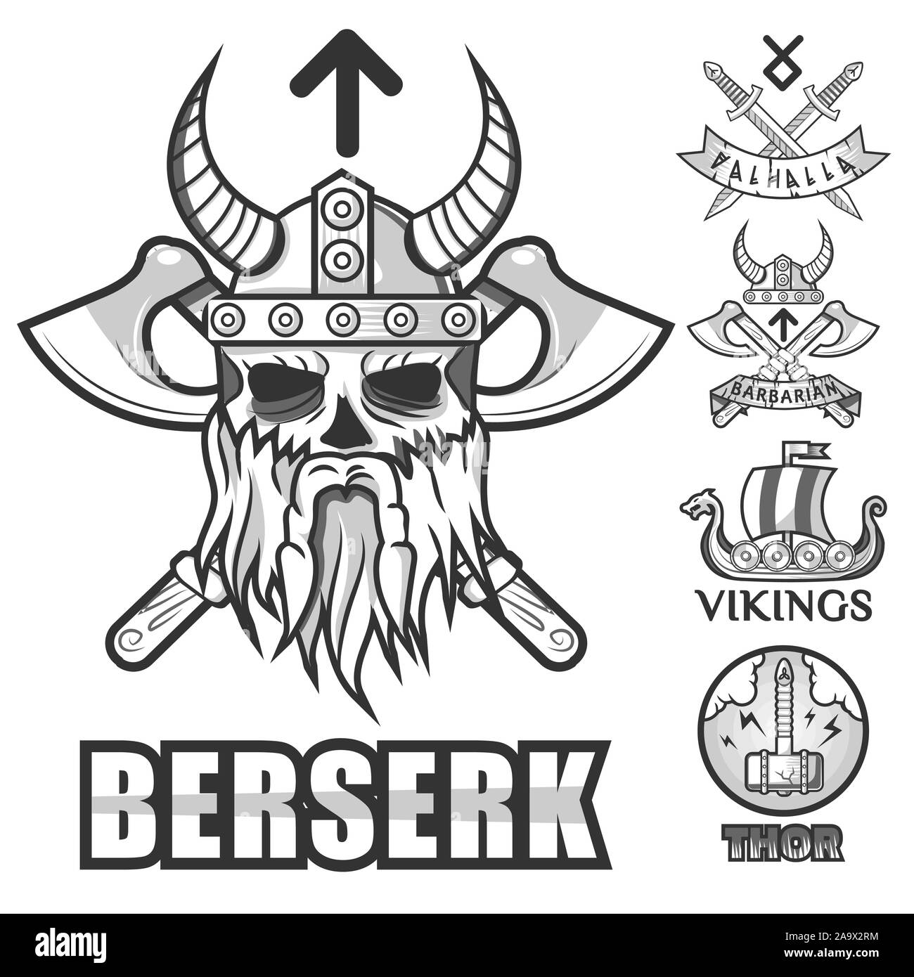Scandinavian warriors, viking isolated icons, horned helmet and arms Stock Vector