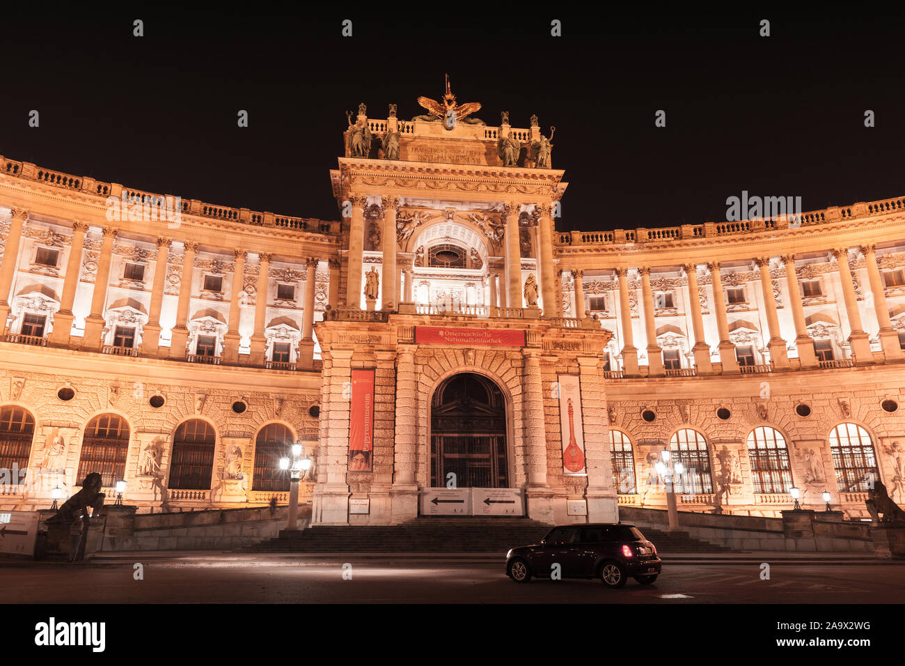 Vienna, Austria - November 4, 2015: Austrian National Library building at night, Hofburg complex Stock Photo