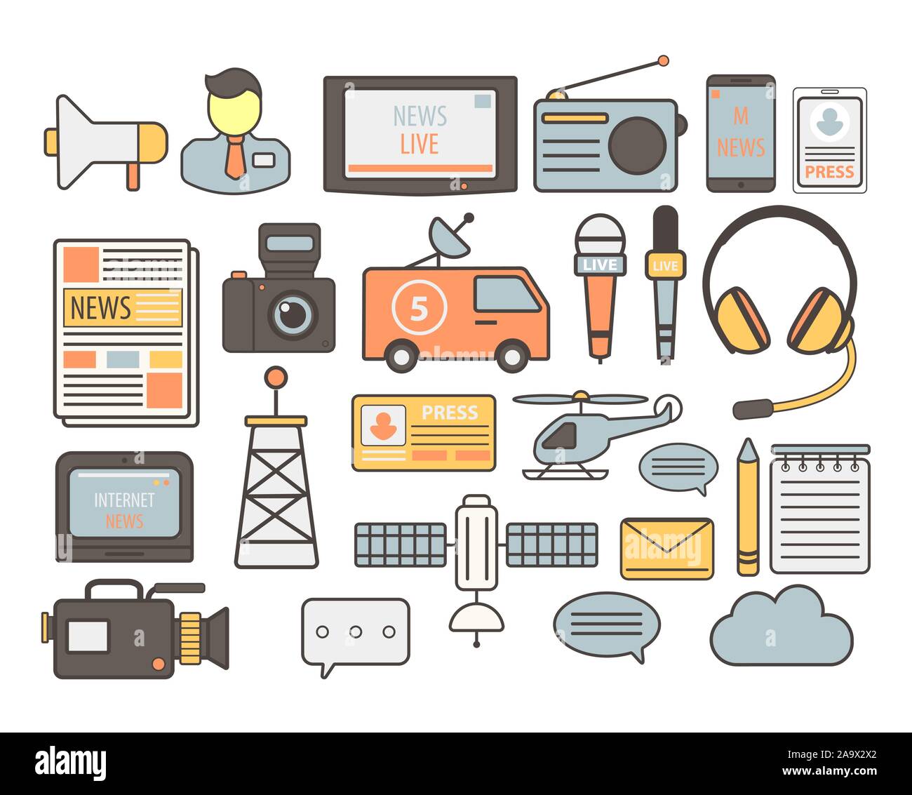 News filming and broadcast equipment. mass media and journalism Stock Vector