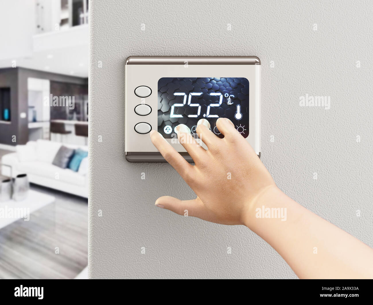 Hand adjusting room temperature using a digital thermostat screen. 3D illustration. Stock Photo