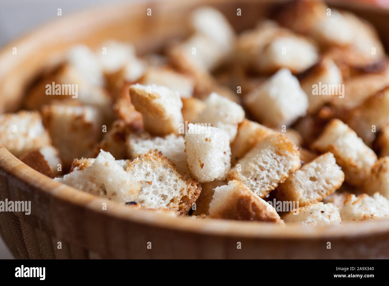Fried rye crackers on a plate close up. Stock Photo