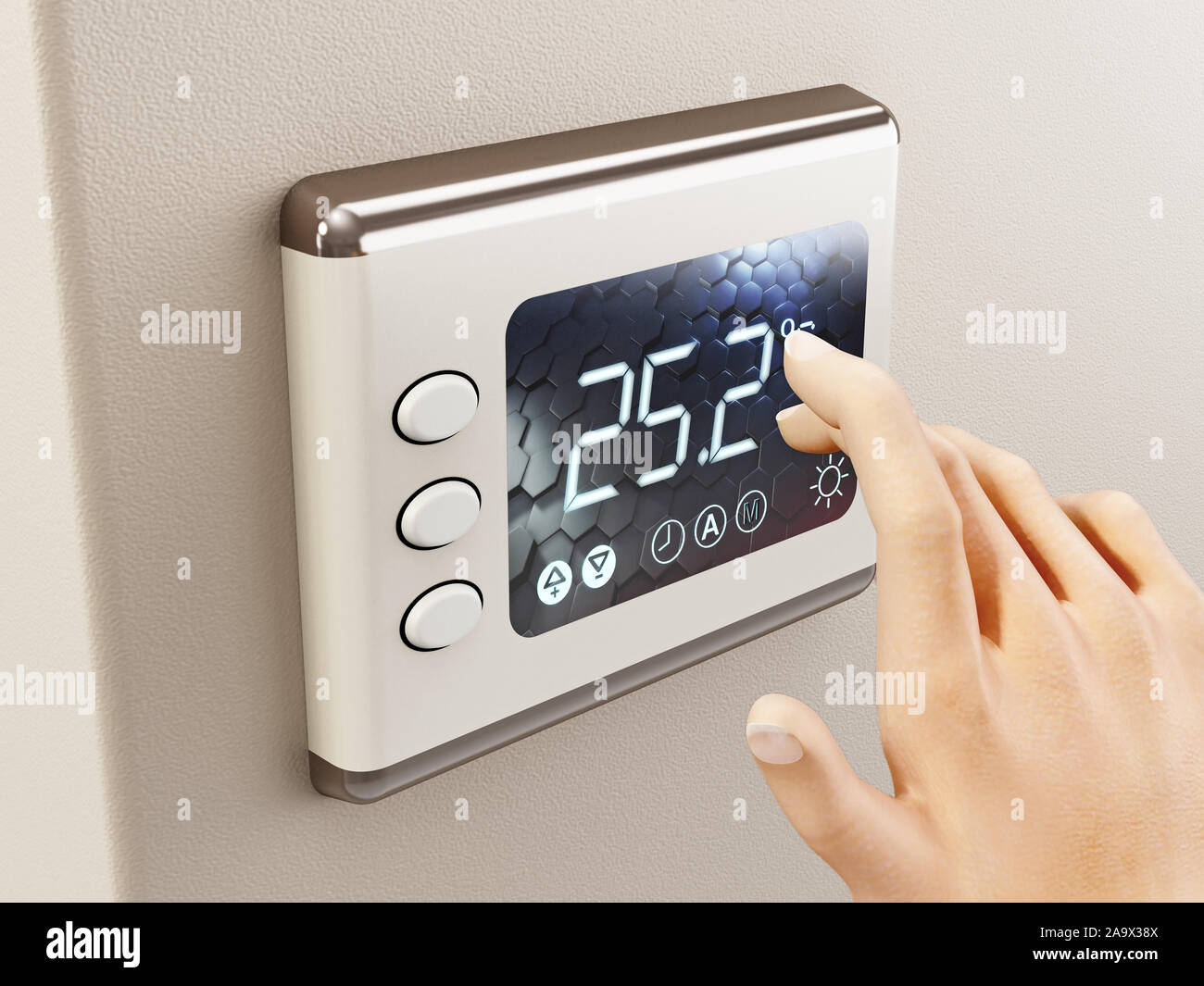 Hand adjusting room temperature using a digital thermostat screen. 3D illustration. Stock Photo