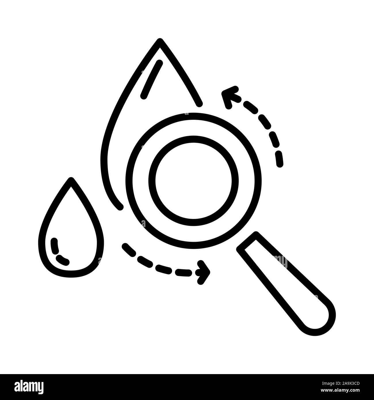 Blood drop and magnifying glass, test and analysis, isolated line icon Stock Vector