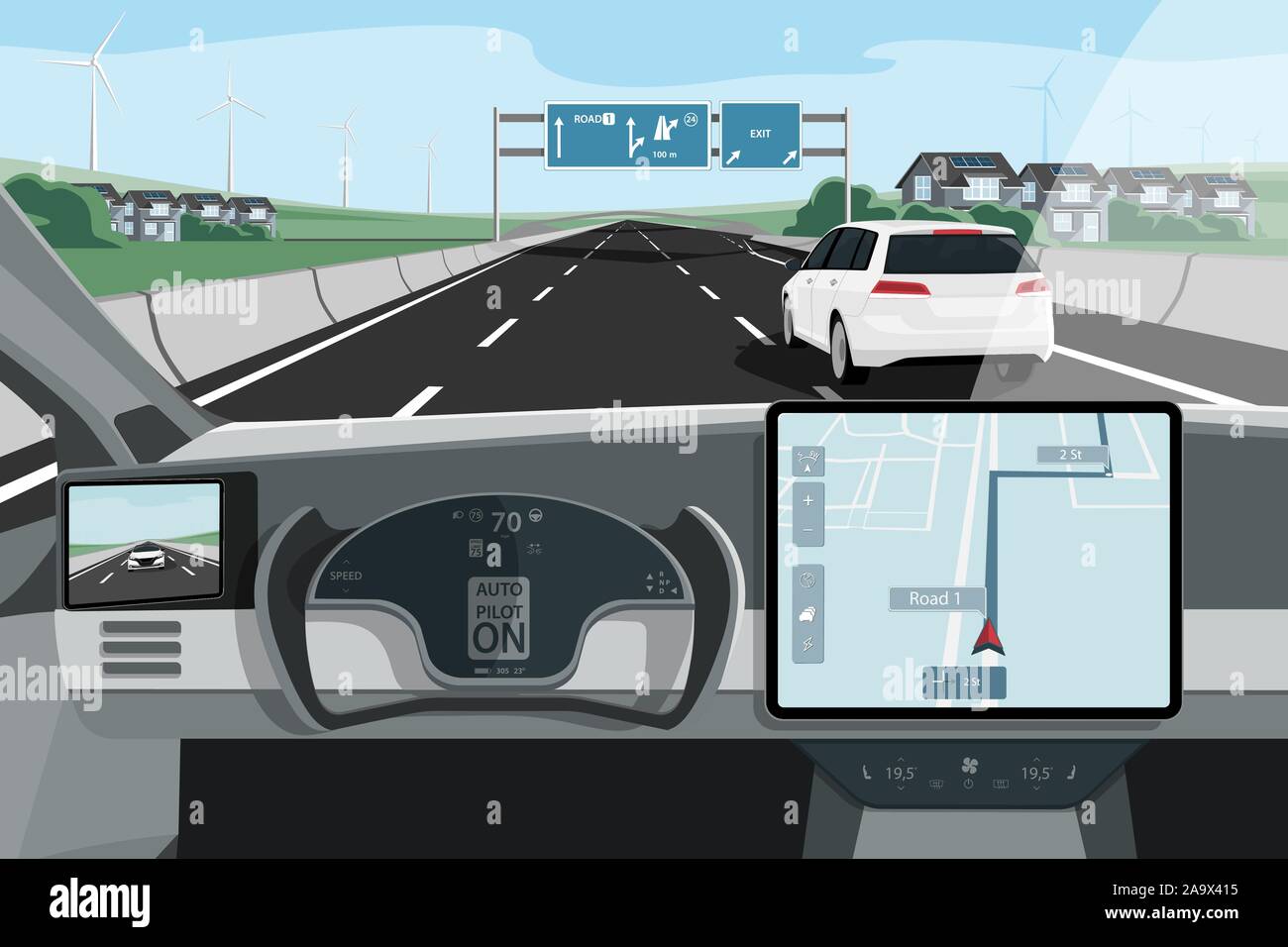 Self driving car on a road. Autonomous vehicle. Inside view. Vector ...