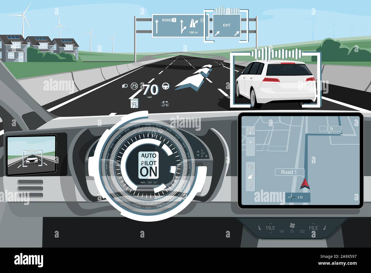 Self driving car on a road. Autonomous vehicle. Inside view. Vector ...