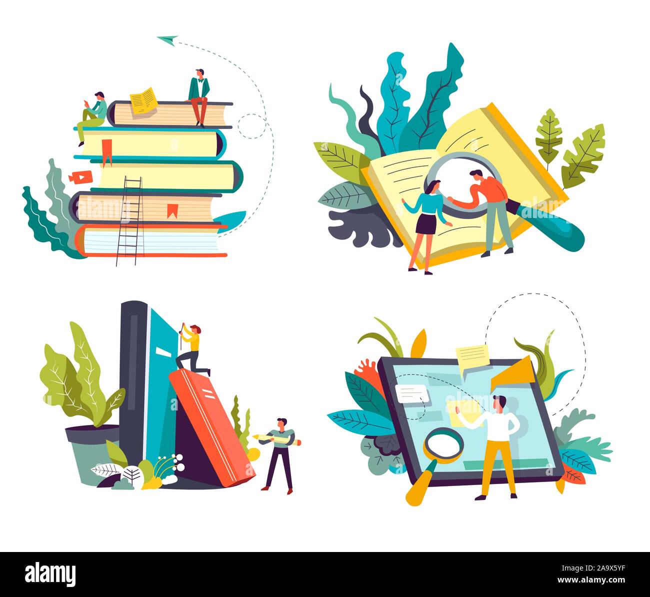 Online library service, book piles and tablet or pad, isolated icons Stock Vector