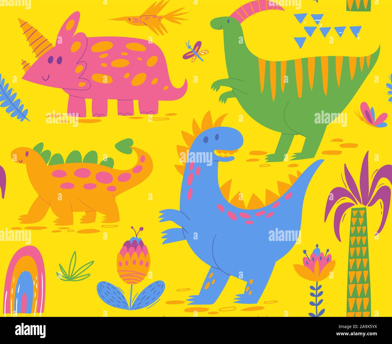 Vector seamless pattern design with cute dinosaur characters Stock ...