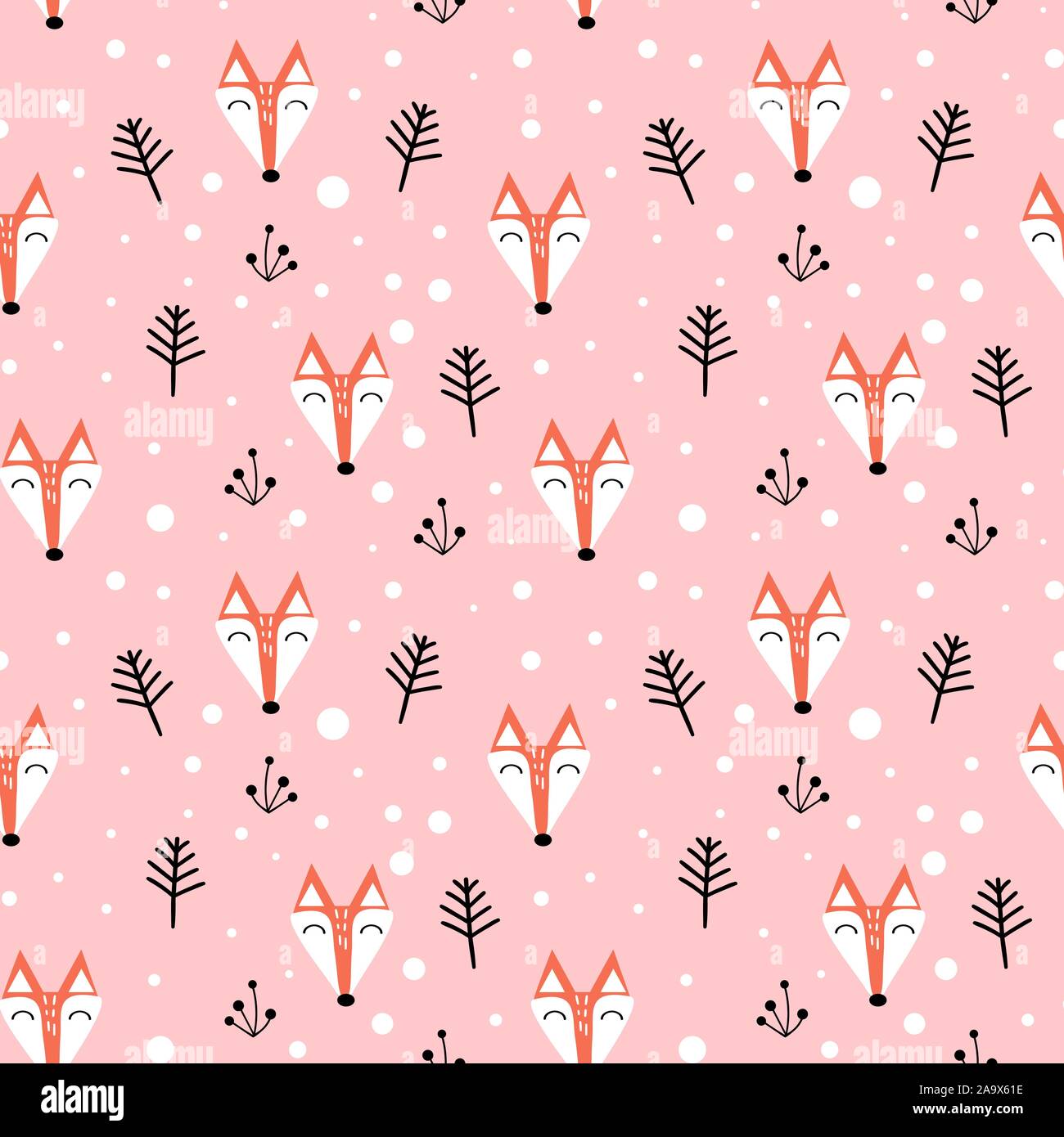 Seamless pattern with cute fox faces on pink background. Flat vector ...