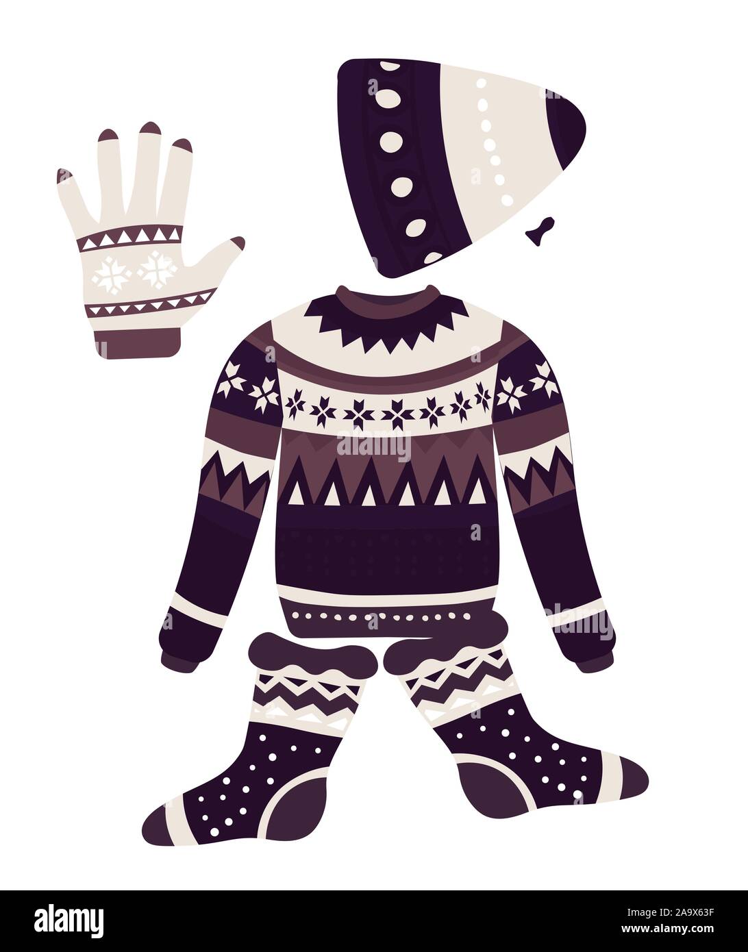 Christmas patterns on knitwear, winter clothes isolated objects Stock Vector