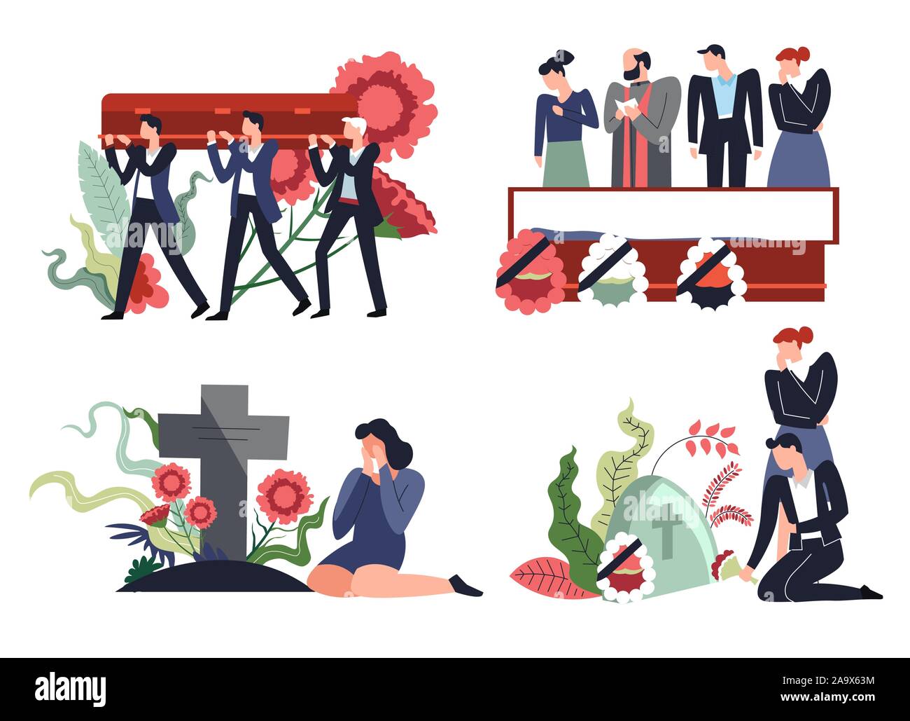 Burring and interment, funeral ceremony on cemetery, isolated icons Stock Vector