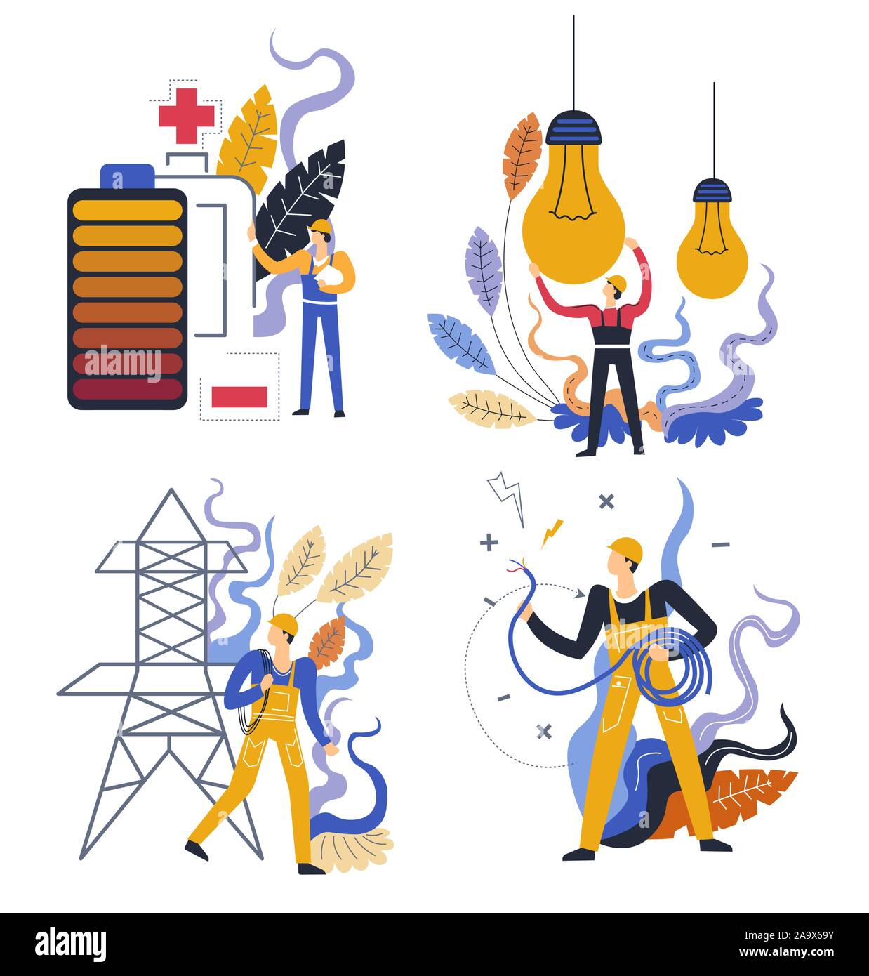 Power and electricity generation, charge and light bulbs, tower and