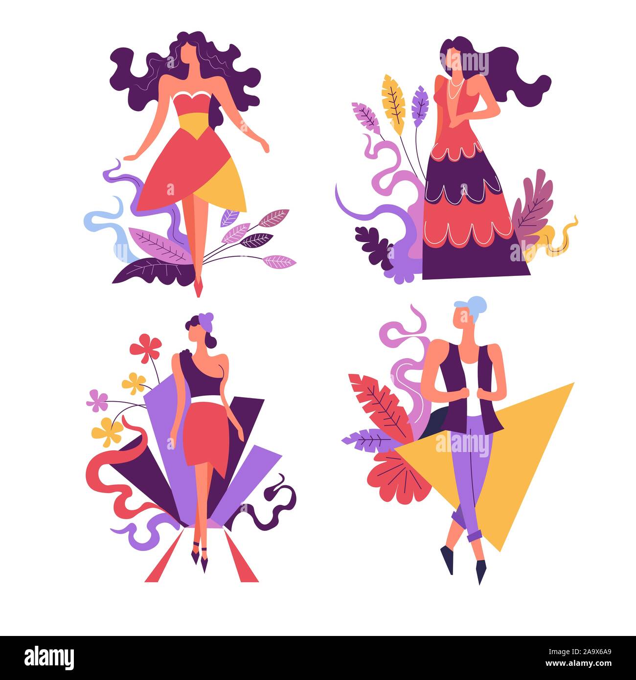 Shopping sale, women in fashion clothes isolated icons Stock Vector ...