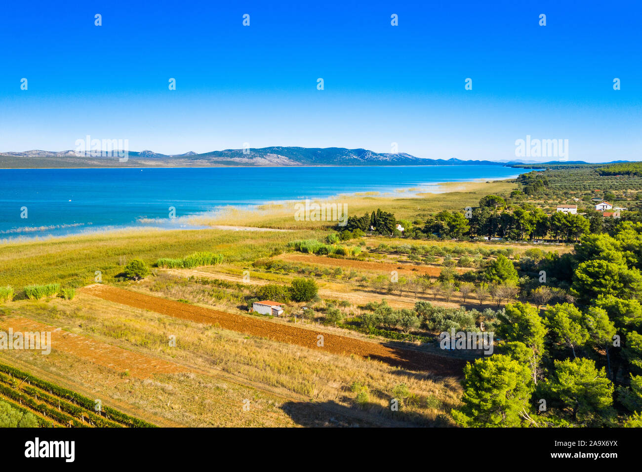 Beautiful nature park Vrana lake (Vransko jezero), Dalmatia, Croatia, aerial shot of lake shore Stock Photo