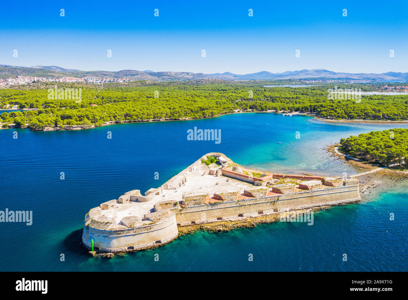 Saint Nicholas fortress at Sibenik bay entrance, Dalmatia, Croatia, drone aerial shot of beautiful blue coastline seascape Stock Photo