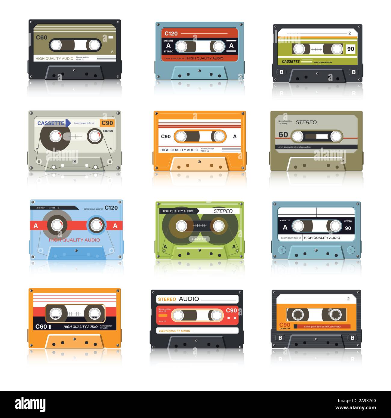 Cassette tapes, retro audio records, vintage media device isolated icons Stock Vector