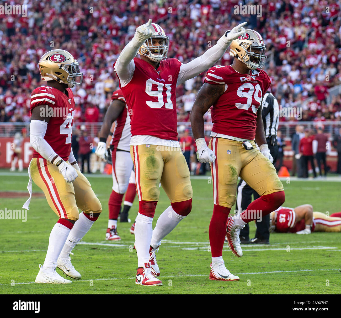 Santa Clara, CA, USA. 11th Nov, 2019. Seattle Seahawks starting quarterback  Russell Wilson (3) eludes San Francisco 49ers' Arik Armstead (91), San  Francisco 49ers' Nick Bosa (97) in overtime during a game