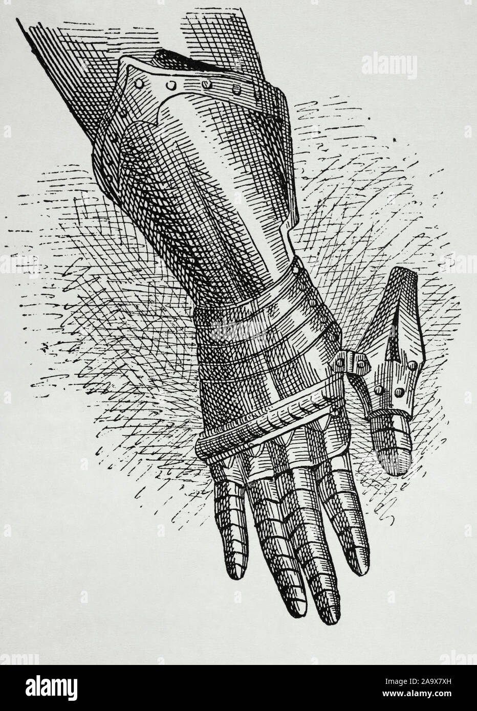 Armour. Gauntlet. Gloves of metal plates which protected the hand. Engraving. Museo Militar, 1883. Stock Photo