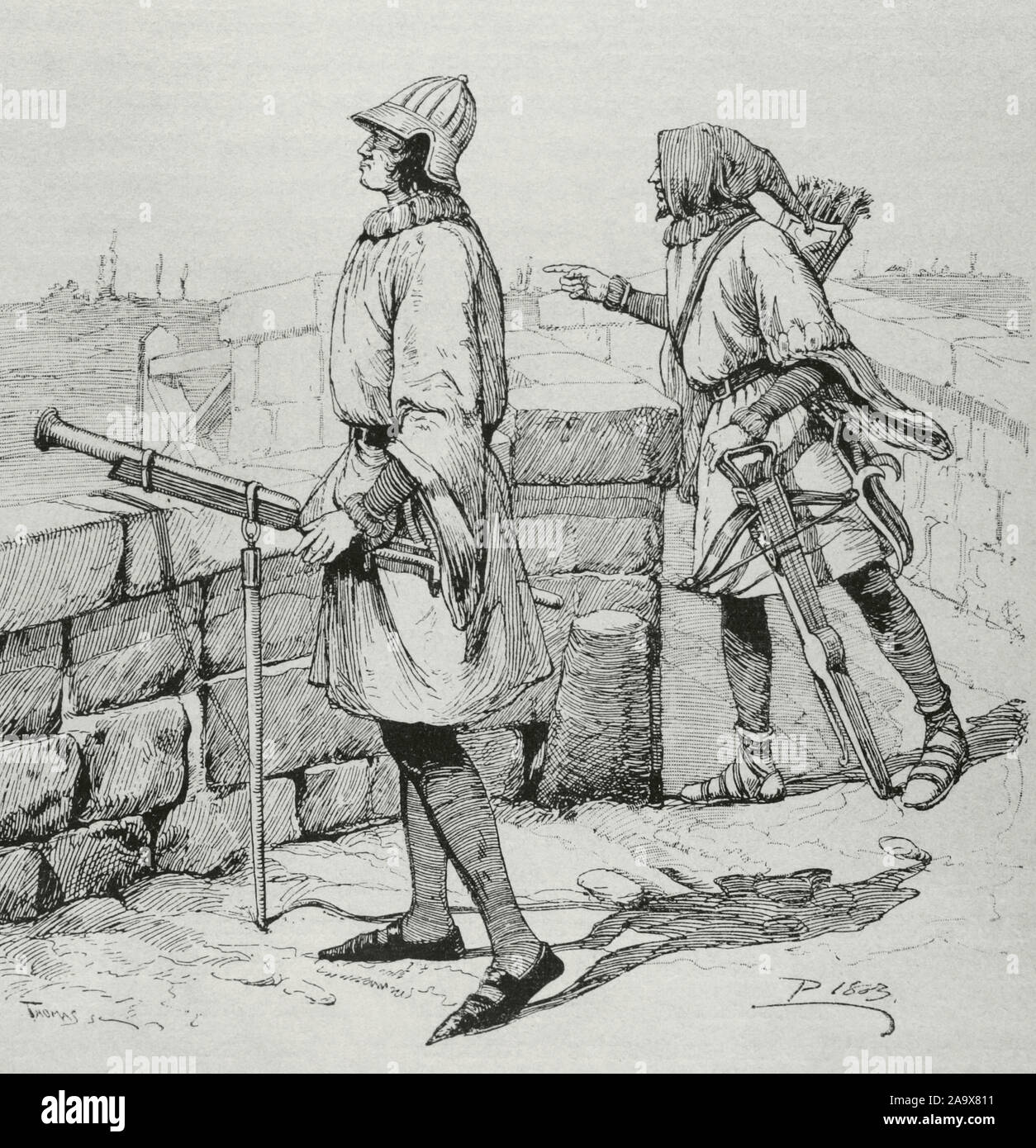Soldiers of 'Acostamientos'. The Acostamiento was a salary granted by the king to his vassals under which they were obliged to serve him in war. Culveriner (left). Crossbowman (right). Engraving. Museo Militar, 1883. Stock Photo