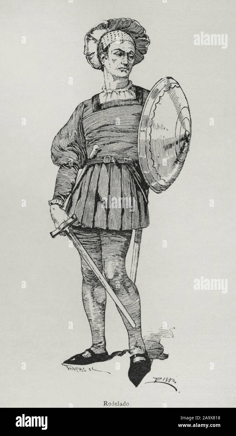 Rodeleros (shield bearers). Spanish troops in the early 16th century. They were equipped with swords and steel shields or bucklers, known as rodela. The majority of Hernan Cortes's troops, during the campaings in the New World, were rodeleros. Engraving. Museo Militar, 1883. Stock Photo
