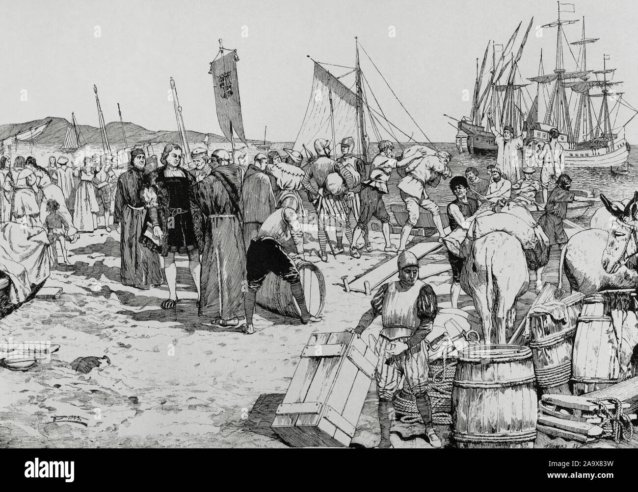 Discovery of America. Embarkation of Christopher Columbus at Palos de la Frontera (Spain), on August 3, 1492. Engraving. Museo Militar, 1883. Stock Photo