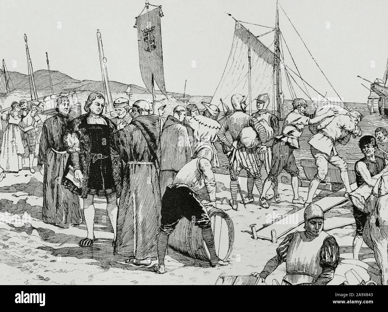 Discovery of America. Embarkation of Christopher Columbus at Palos de la Frontera (Spain), on August 3, 1492. Engraving. Museo Militar, 1883. Stock Photo