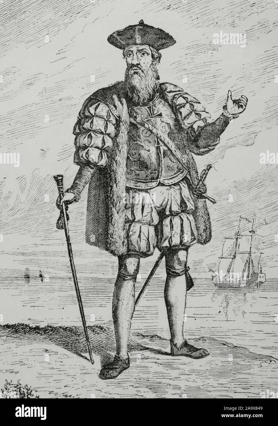 Vasco da Gama, 1st Count of Vidigueira (1460-1524). Portuguese explorer. He was the first European to reach India by sea. Engraving. Museo Militar, 1883. Stock Photo