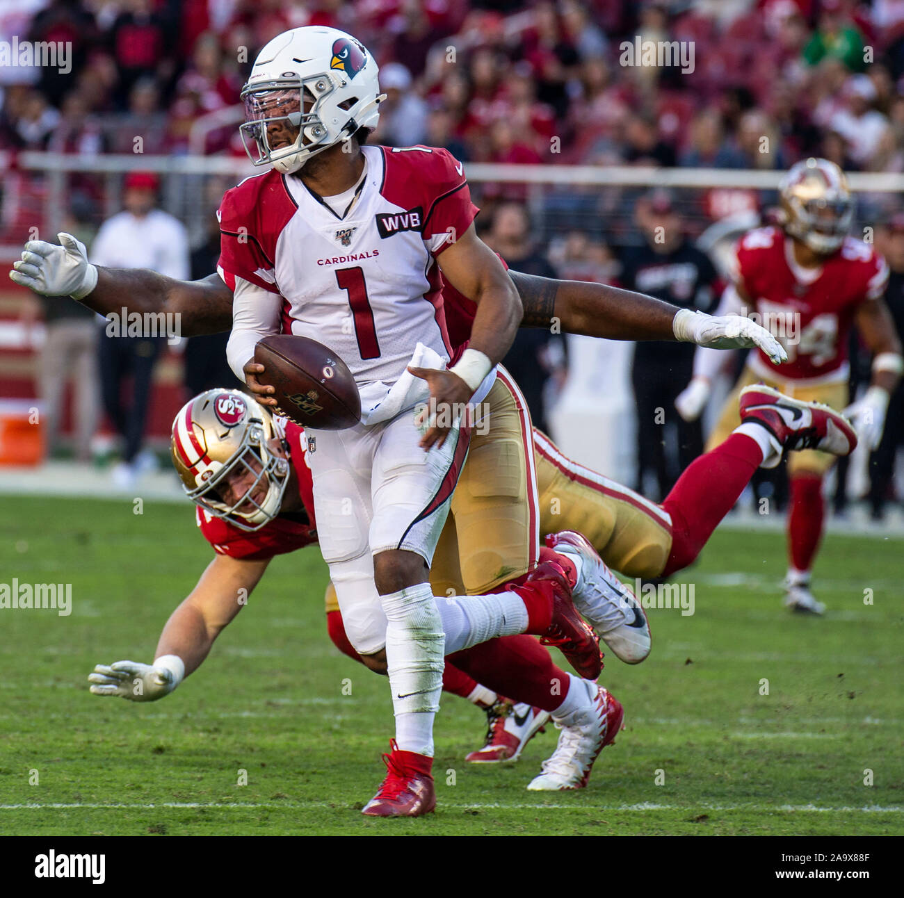 Santa Clara, California, USA. 17th Nov, 2019. Arizona quarterback Kyler  Murray (1) runs for a first down during the NFL Football game between the  Arizona Cardinals and the San Francisco 49ers 26-36