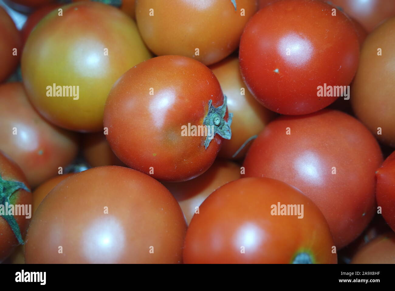 Close-up view of red tomatoes in red basket in market for sale. A fruit ...