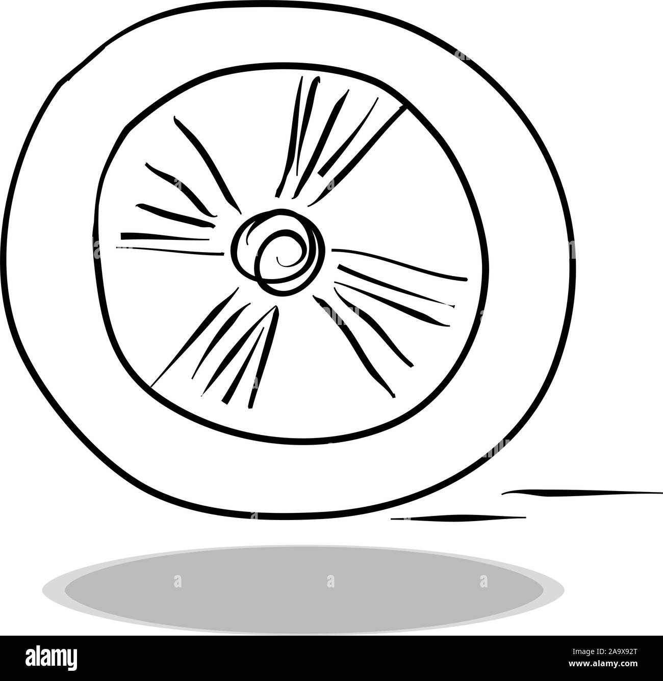 Wheel icon on white background, flat design, hand drawing. Illustration of tire, contour of symbol Stock Vector