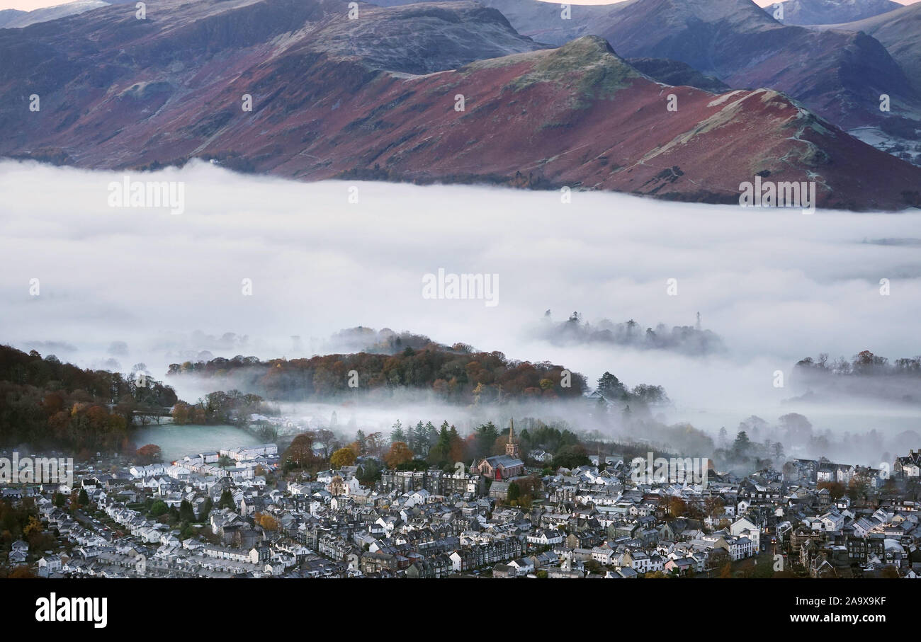 Mist caused by a temperature inversion over the town of Keswick in the