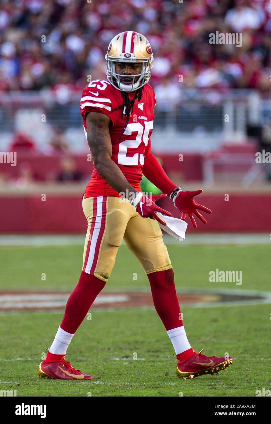 Santa Clara, California, USA. 17th Nov, 2019. San Francisco cornerback  Richard Sherman (25) reacts on the field during the NFL Football game  between the Arizona Cardinals and the San Francisco 49ers 36-26