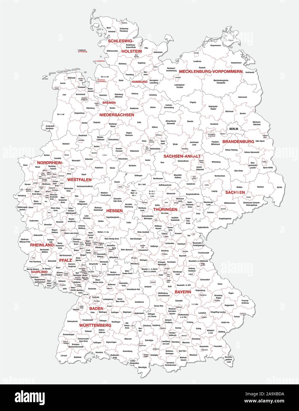 administrative and political map of Germany newly revised 2019 in black and white Stock Vector