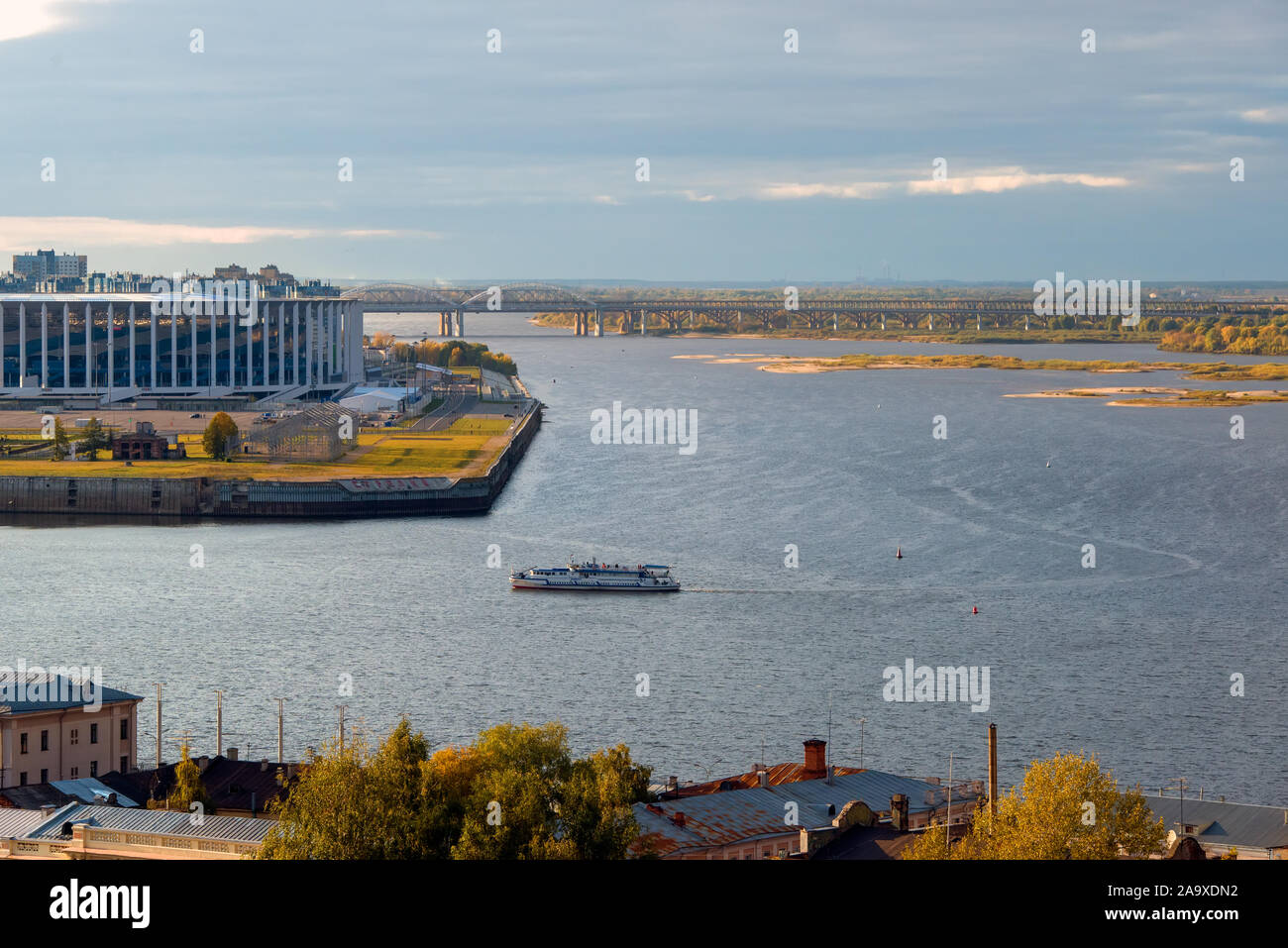 NIZHNY NOVGOROD, RUSSIA - SEPTEMBER 28, 2019: Summer view of Strelka - the confluence of the Oka and Volga rivers, the Cathedral in the name of the Ho Stock Photo