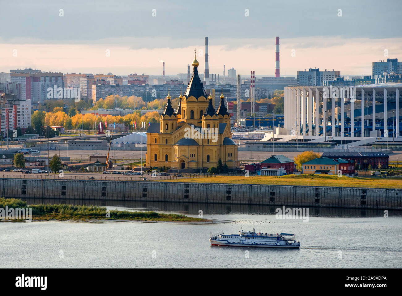 NIZHNY NOVGOROD, RUSSIA - SEPTEMBER 28, 2019: Summer view of Strelka - the confluence of the Oka and Volga rivers, the Cathedral in the name of the Ho Stock Photo