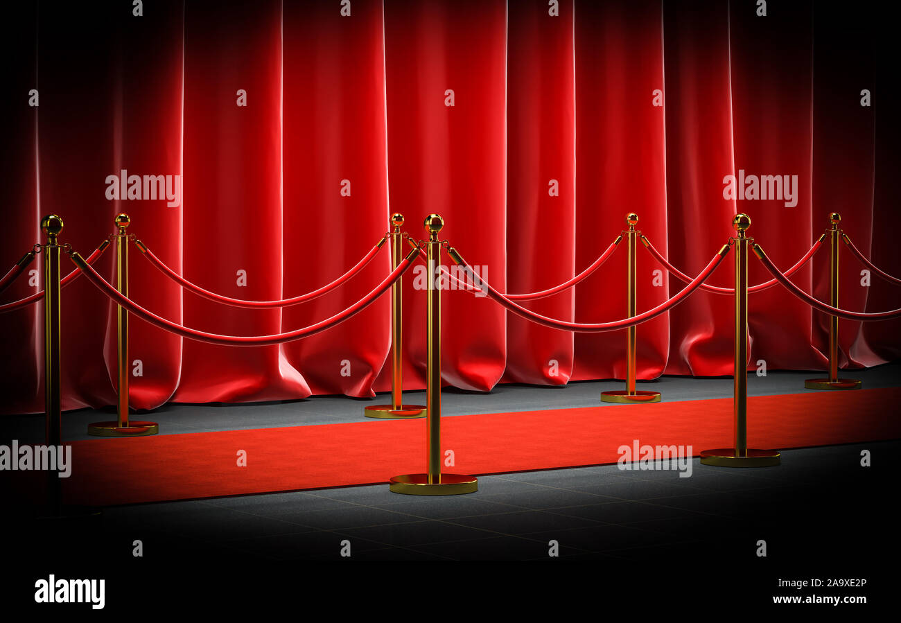 3d image render of a red cap with velvet barriers and cords and curtains. concept of exclusivity. Stock Photo