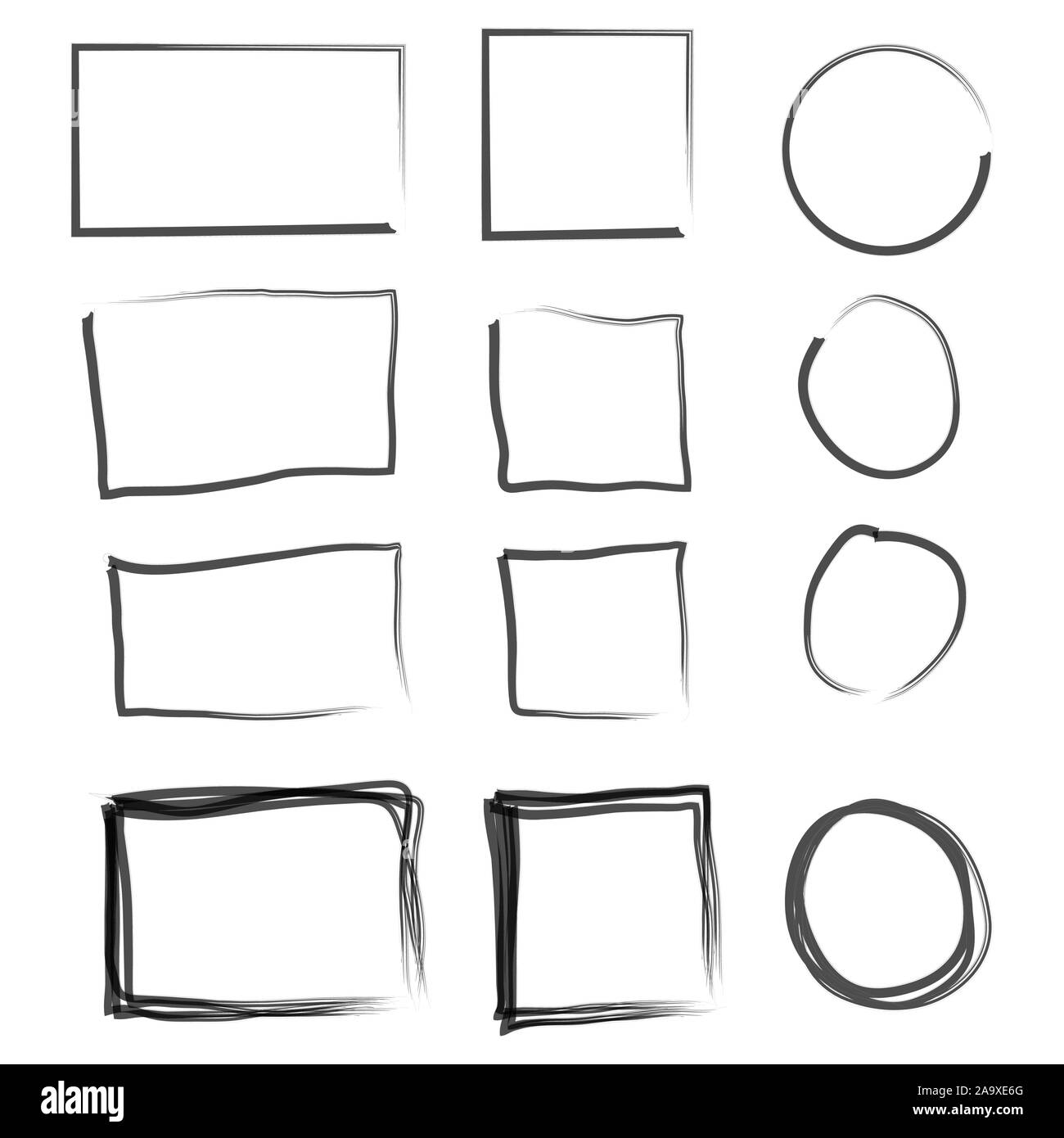 Frames in doodle style. Set of Square, rectangle, circle, oval