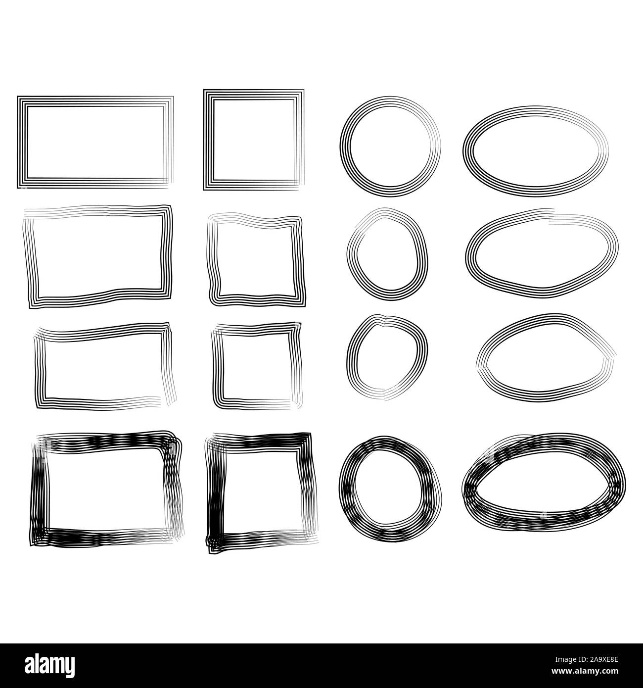 Frames in doodle style. Set of Square, rectangle, circle, oval