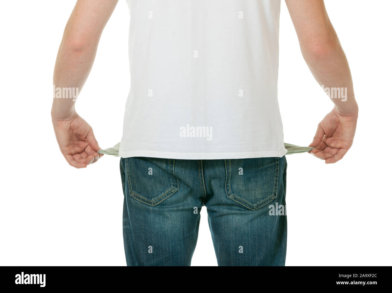 Male with pockets turned inside out on a white background Stock Photo