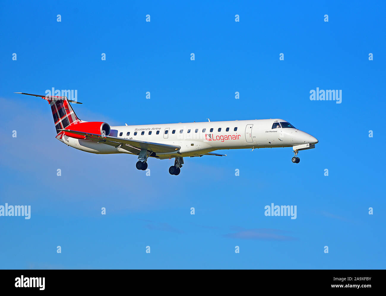 Loganair Embraer ERJ-145 making its approach to Inverness airport in the Scottish Highlands. Stock Photo