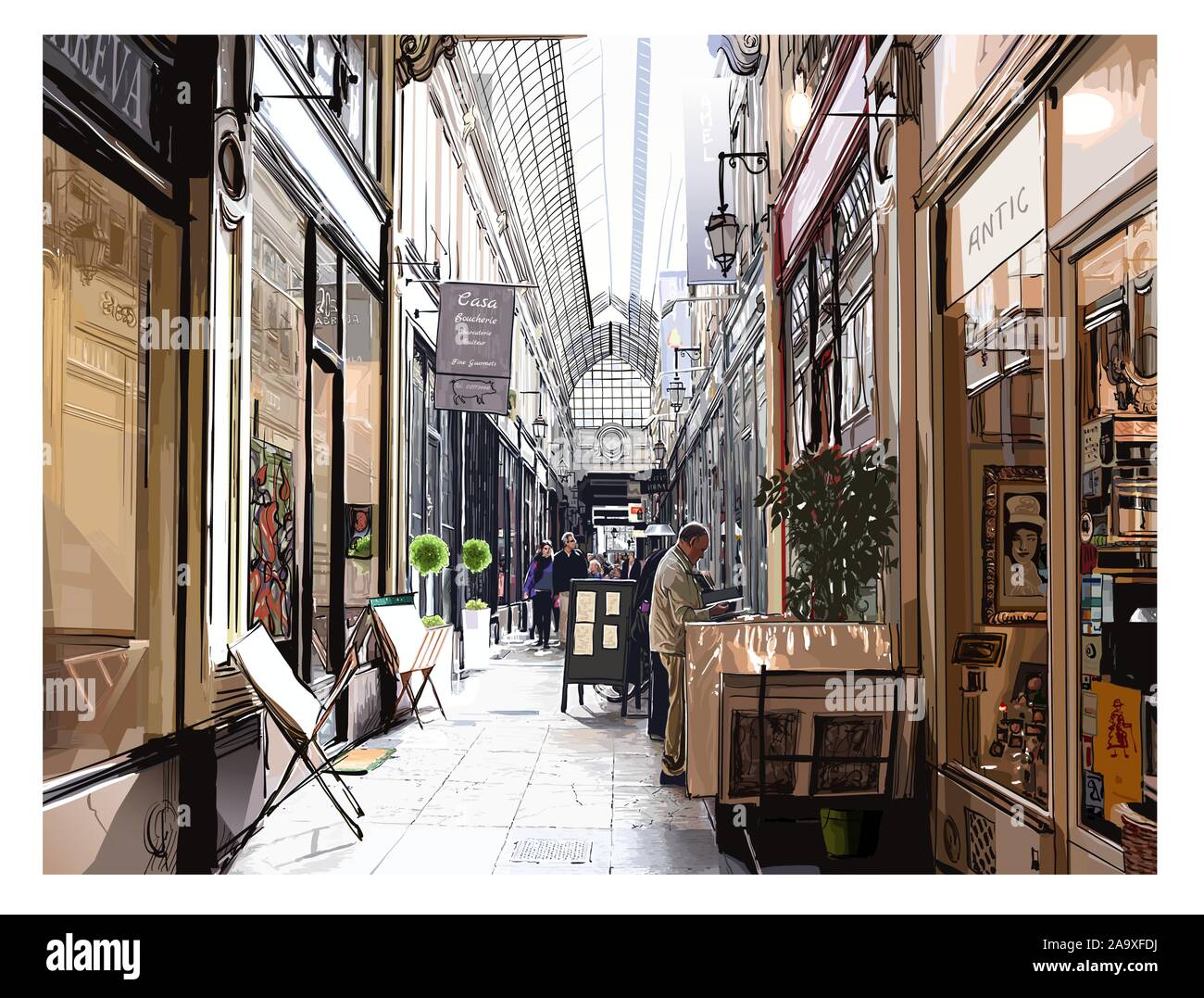 Covered arcade in Paris - vector illustration (Ideal for printing on fabric or paper, poster or wallpaper, house decoration) all ads are fictitious Stock Vector