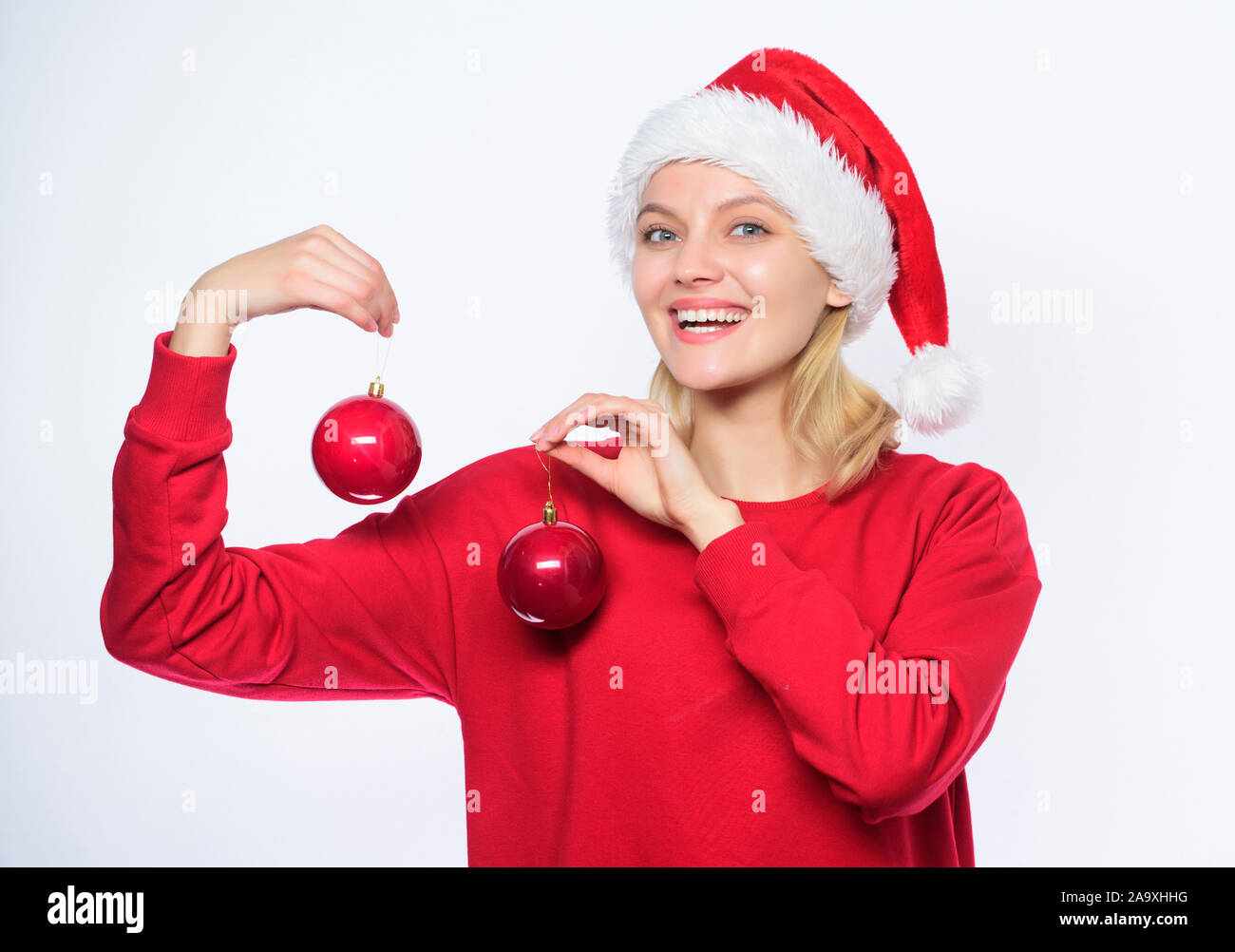 Woman Santa Hat Hold Two Balls Decor Ornament New Year Decor