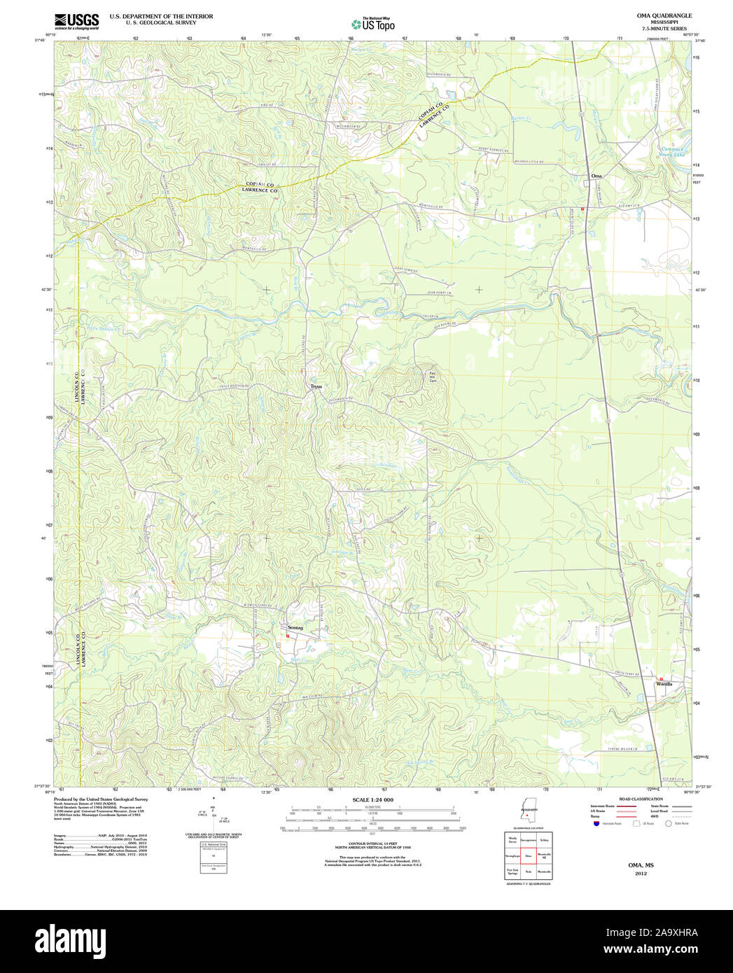 USGS TOPO Map Mississippi MS Oma 20120509 TM Restoration Stock Photo