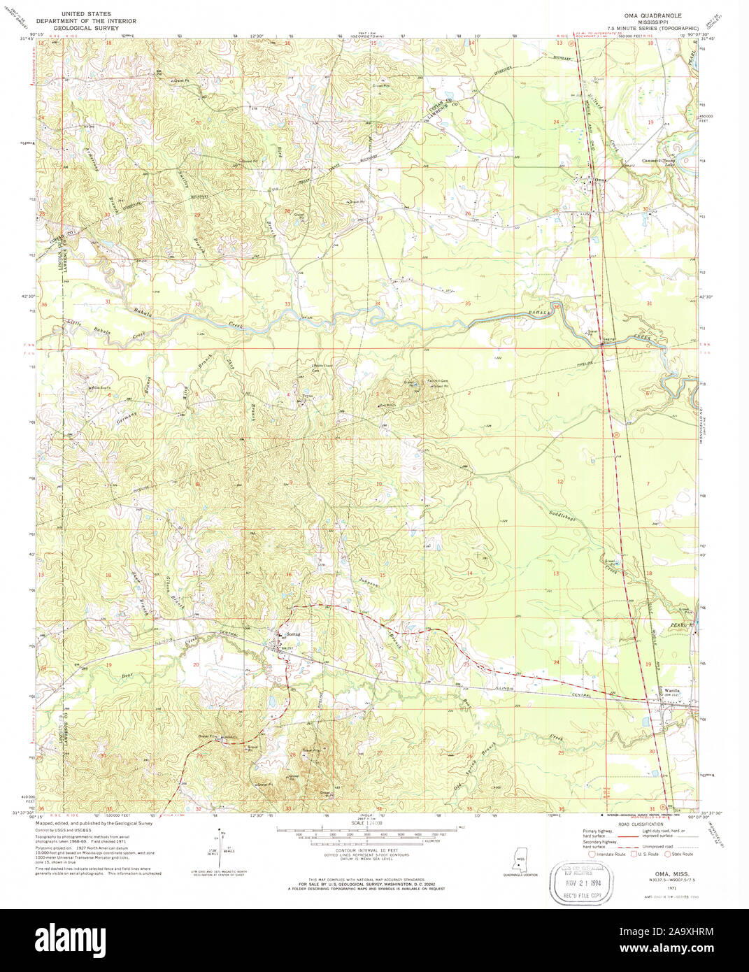 USGS TOPO Map Mississippi MS Oma 336215 1971 24000 Restoration Stock Photo