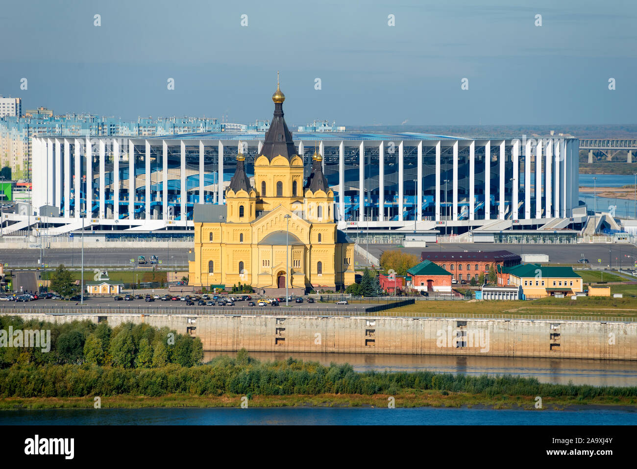 NIZHNY NOVGOROD, RUSSIA - SEPTEMBER 28, 2019: Summer view of Strelka - the confluence of the Oka and Volga rivers, the Cathedral in the name of the Ho Stock Photo