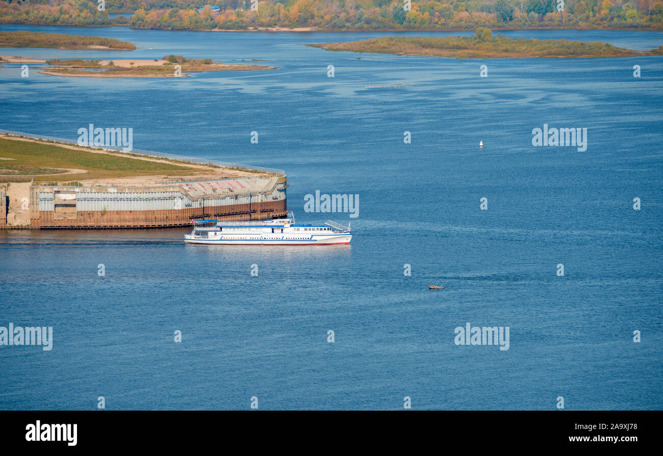 Pleasure ship at the confluence of the Volga and Oka rivers Stock Photo